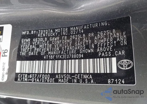 2014 Toyota Camry Le from USA, damaged, VIN 4T1BF1FK3EU788094